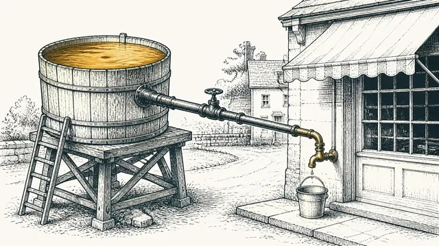 A full water tower feeding a nearly closed pipe that drips into an empty bucket at a shop door